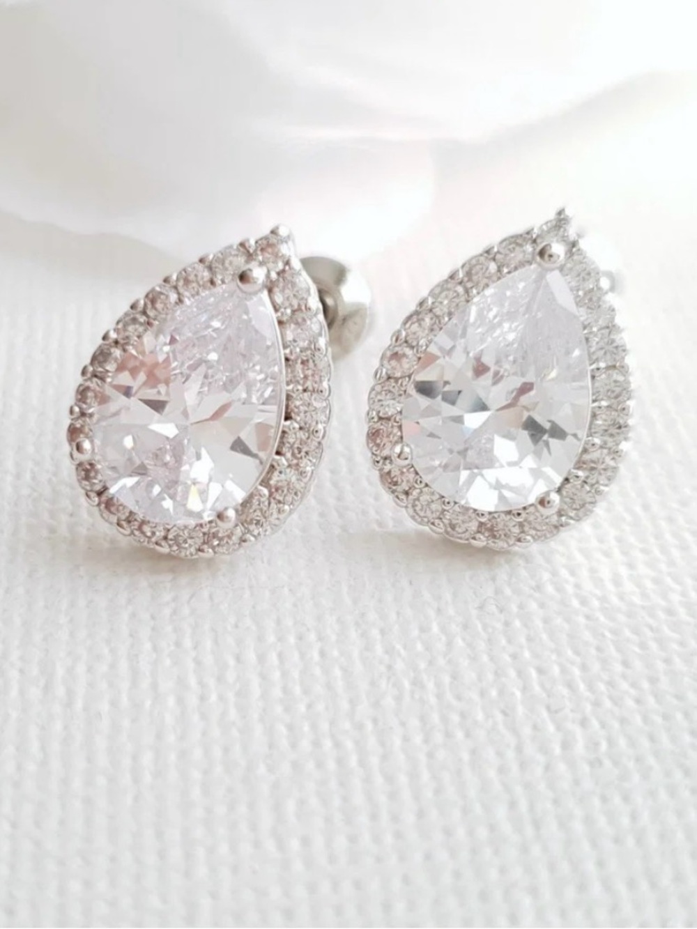 3 CT diamond earrings 14k white gold pear cut round halo stud